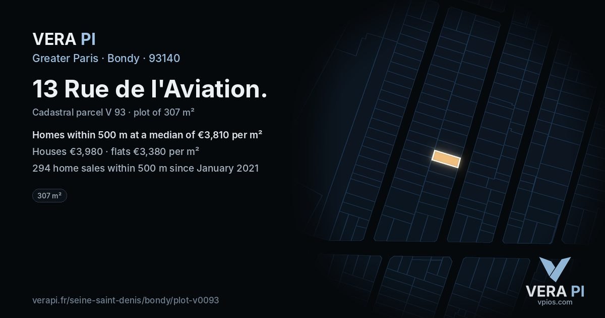 13 Rue de l'Aviation, Bondy at night – the plot lit, the parcels around coloured by the prices near them