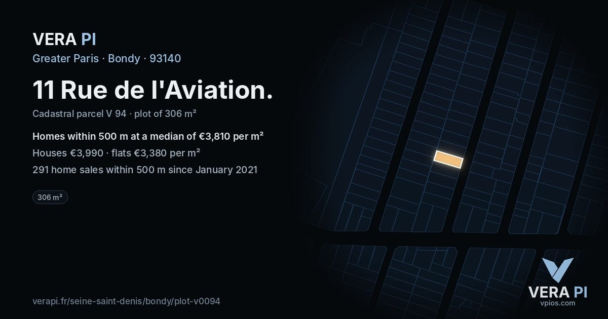 11 Rue de l'Aviation, Bondy at night – the plot lit, the parcels around coloured by the prices near them