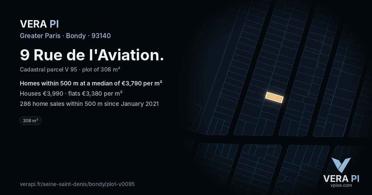 9 Rue de l'Aviation, Bondy at night – the plot lit, the parcels around coloured by the prices near them