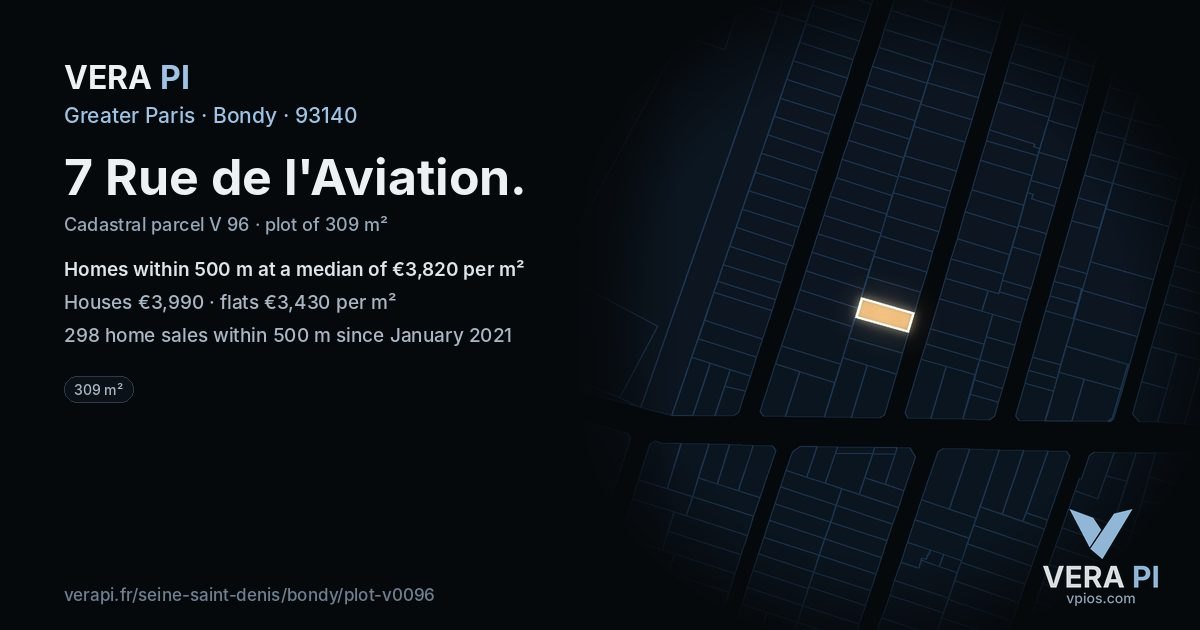 7 Rue de l'Aviation, Bondy at night – the plot lit, the parcels around coloured by the prices near them
