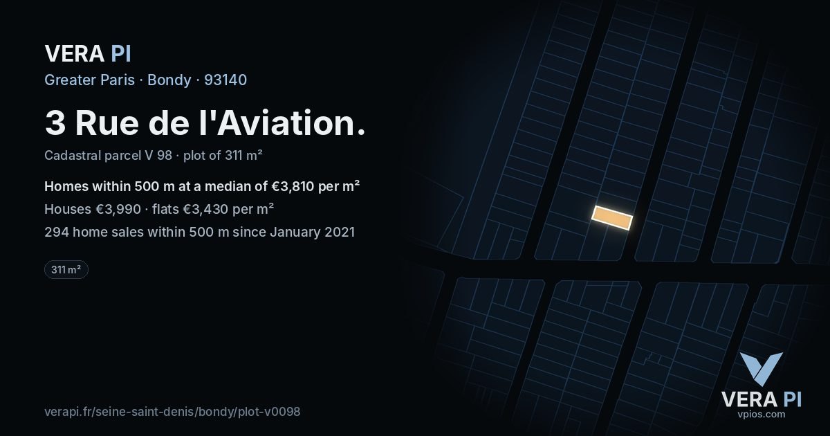 3 Rue de l'Aviation, Bondy at night – the plot lit, the parcels around coloured by the prices near them