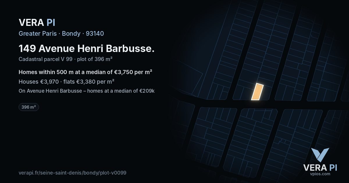 149 Avenue Henri Barbusse, Bondy at night – the plot lit, the parcels around coloured by the prices near them