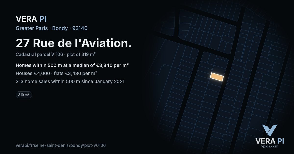 27 Rue de l'Aviation, Bondy at night – the plot lit, the parcels around coloured by the prices near them
