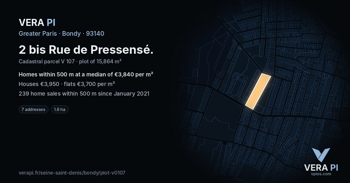 2 bis Rue de Pressensé, Bondy at night – the plot lit, the parcels around coloured by the prices near them