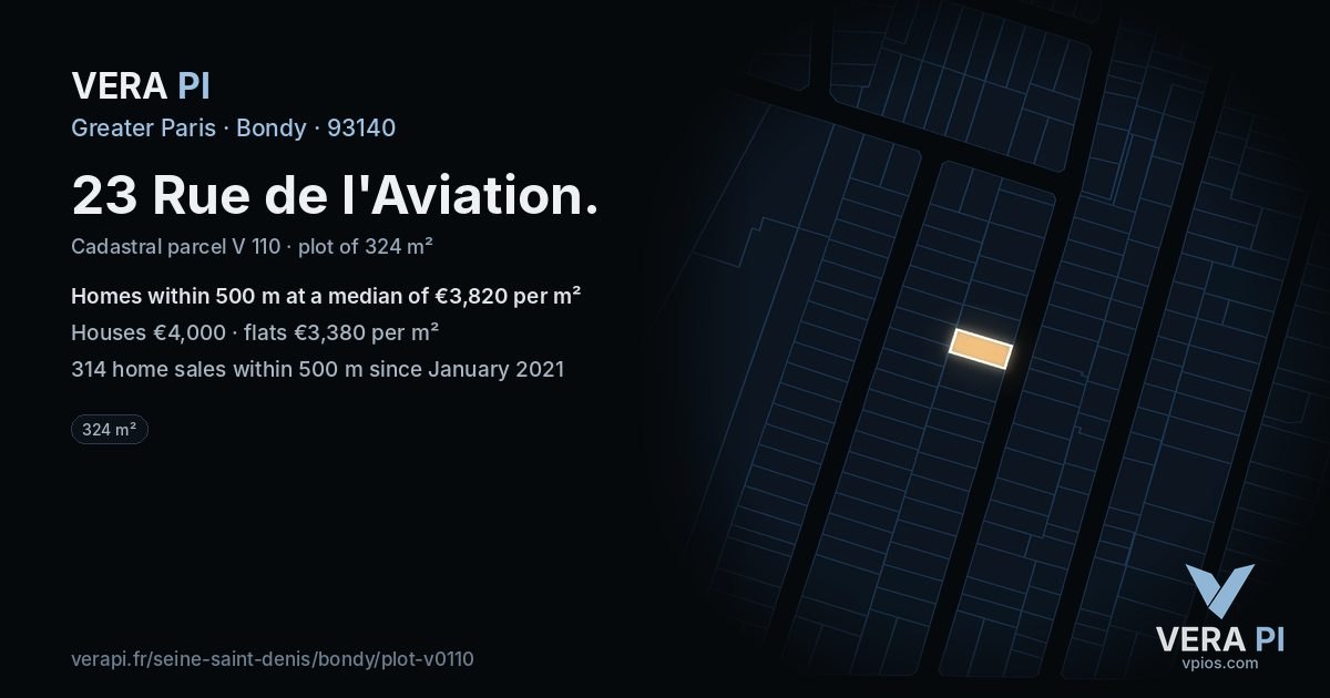 23 Rue de l'Aviation, Bondy at night – the plot lit, the parcels around coloured by the prices near them