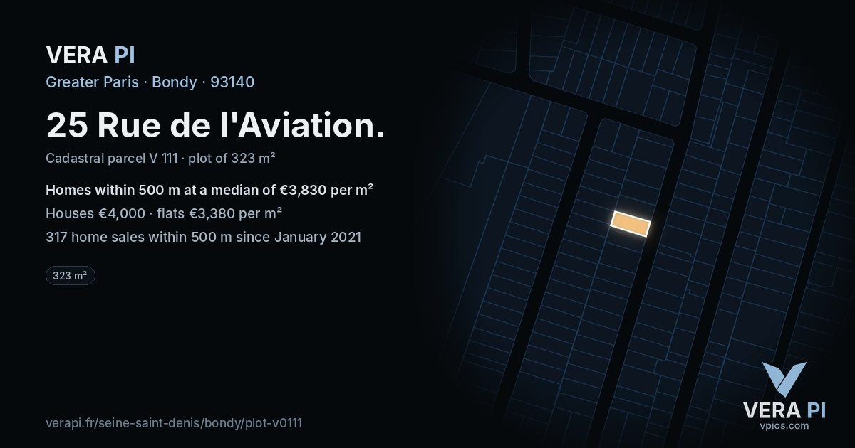 25 Rue de l'Aviation, Bondy at night – the plot lit, the parcels around coloured by the prices near them