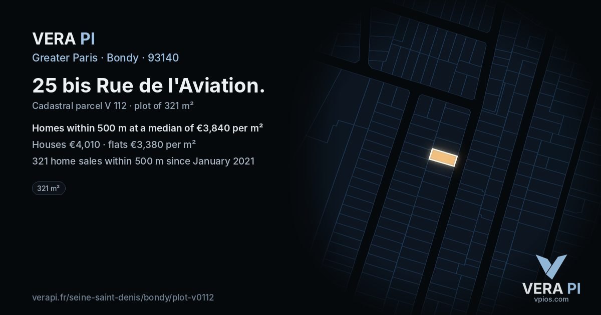 25 bis Rue de l'Aviation, Bondy at night – the plot lit, the parcels around coloured by the prices near them