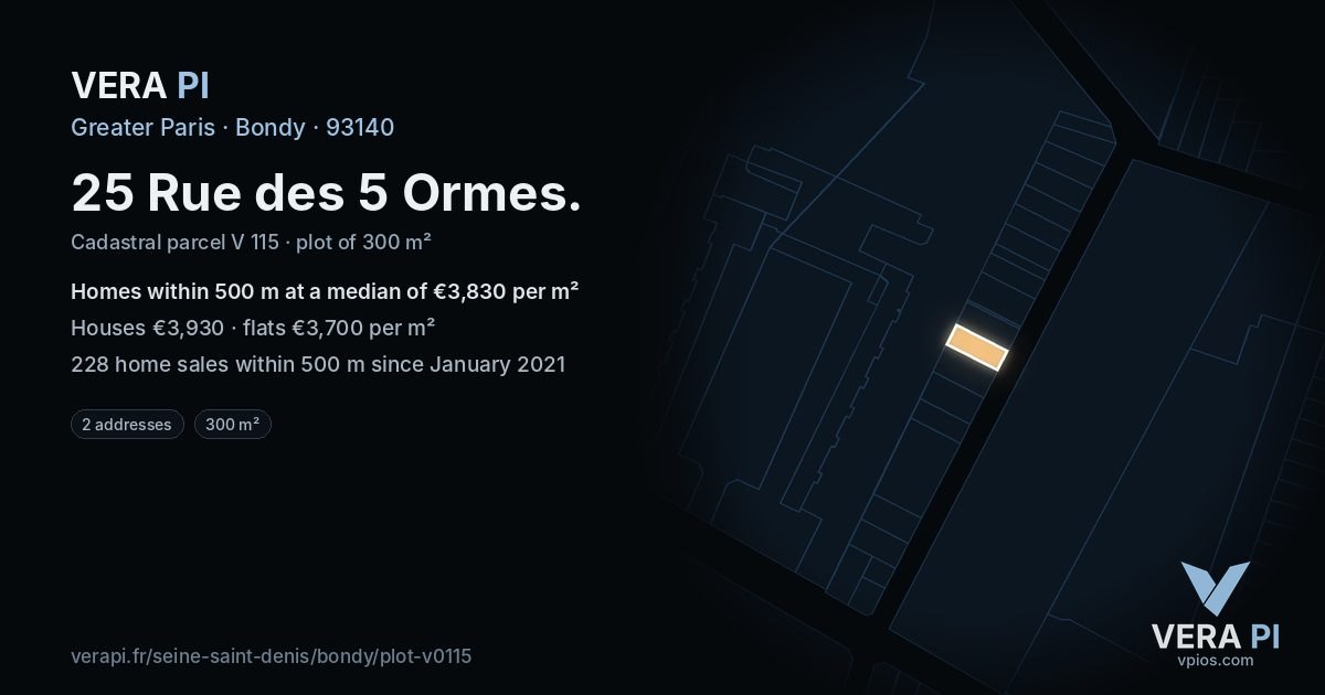 25 Rue des 5 Ormes, Bondy at night – the plot lit, the parcels around coloured by the prices near them