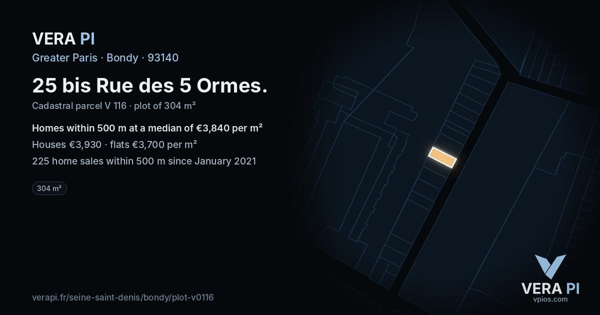 25 bis Rue des 5 Ormes, Bondy at night – the plot lit, the parcels around coloured by the prices near them