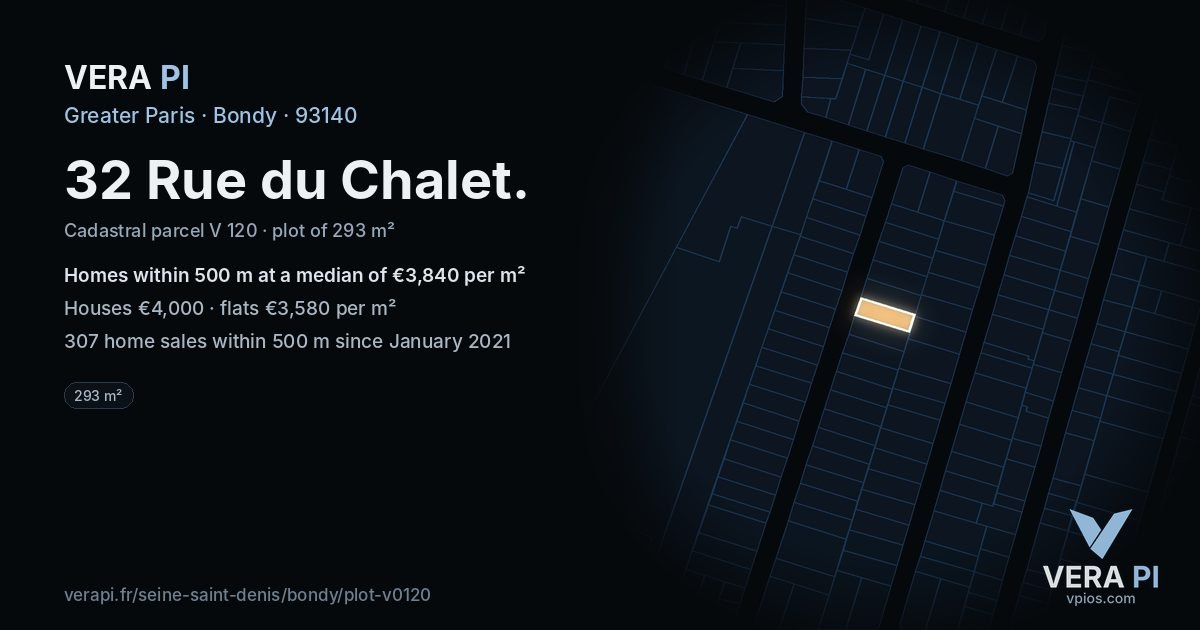 32 Rue du Chalet, Bondy at night – the plot lit, the parcels around coloured by the prices near them