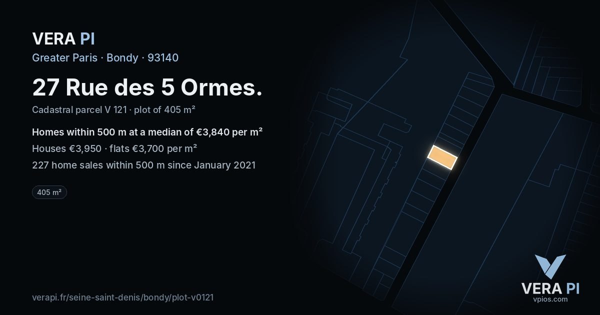 27 Rue des 5 Ormes, Bondy at night – the plot lit, the parcels around coloured by the prices near them
