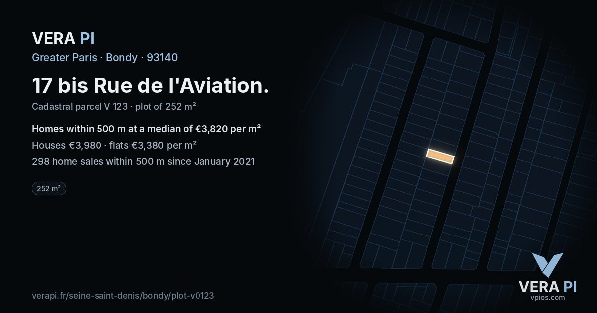 17 bis Rue de l'Aviation, Bondy at night – the plot lit, the parcels around coloured by the prices near them