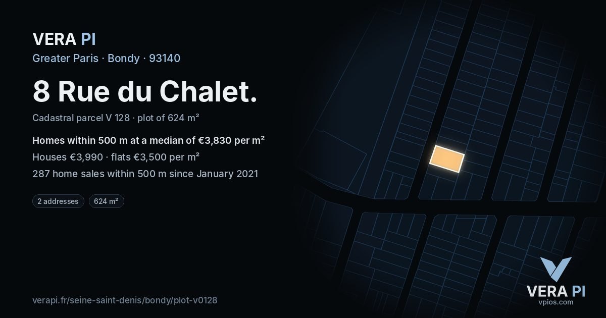8 Rue du Chalet, Bondy at night – the plot lit, the parcels around coloured by the prices near them