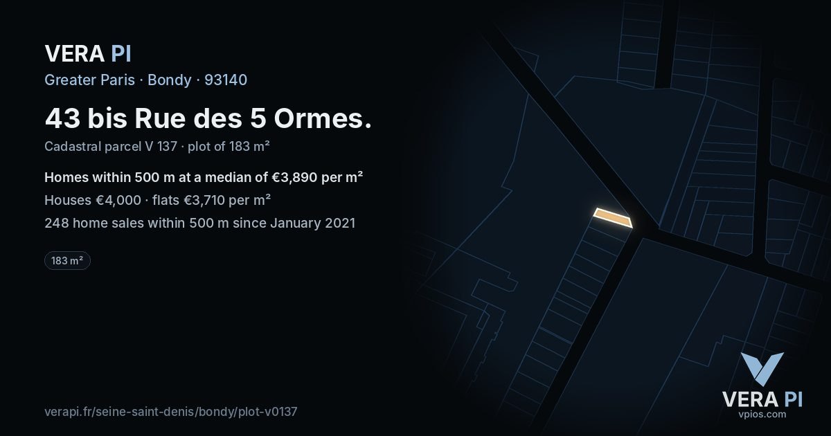 43 bis Rue des 5 Ormes, Bondy at night – the plot lit, the parcels around coloured by the prices near them