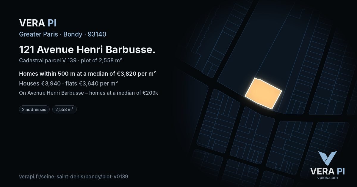 121 Avenue Henri Barbusse, Bondy at night – the plot lit, the parcels around coloured by the prices near them