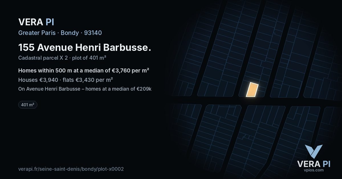 155 Avenue Henri Barbusse, Bondy at night – the plot lit, the parcels around coloured by the prices near them