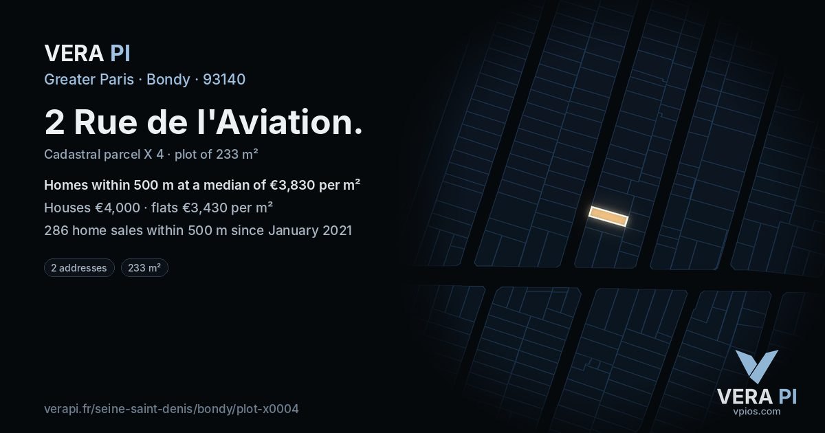 2 Rue de l'Aviation, Bondy at night – the plot lit, the parcels around coloured by the prices near them