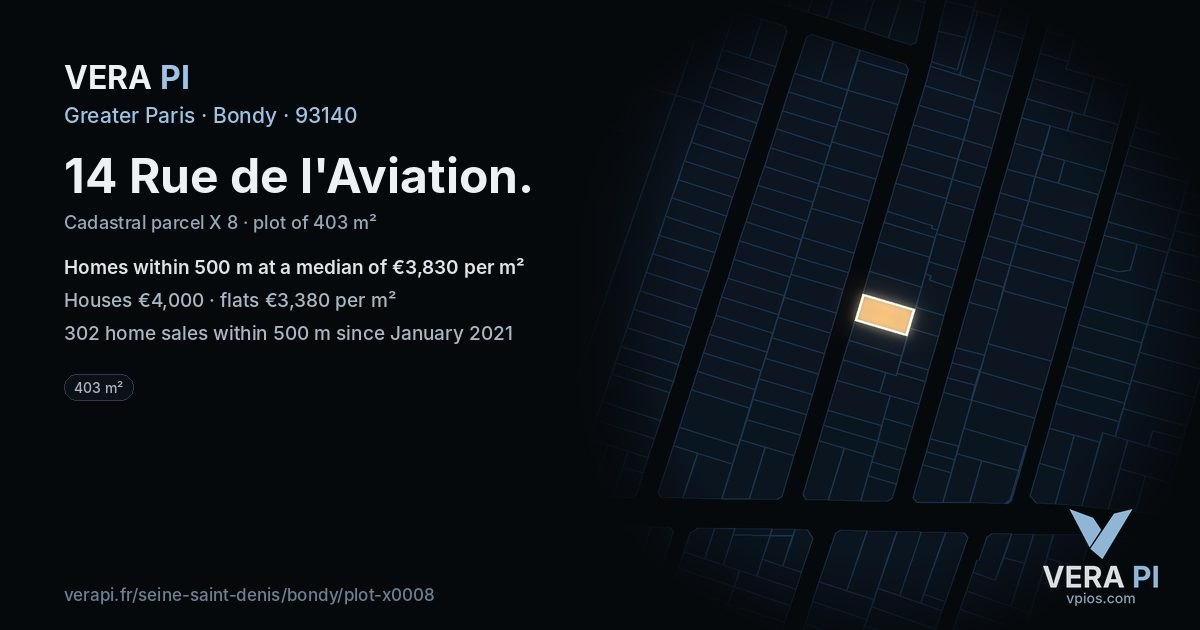 14 Rue de l'Aviation, Bondy at night – the plot lit, the parcels around coloured by the prices near them