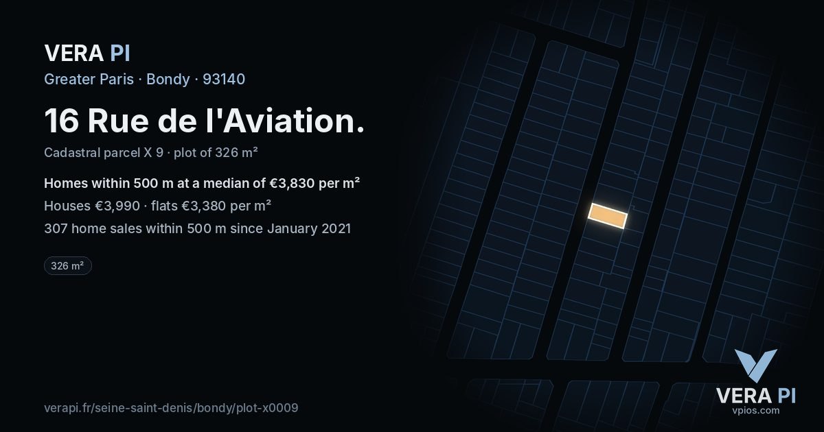 16 Rue de l'Aviation, Bondy at night – the plot lit, the parcels around coloured by the prices near them