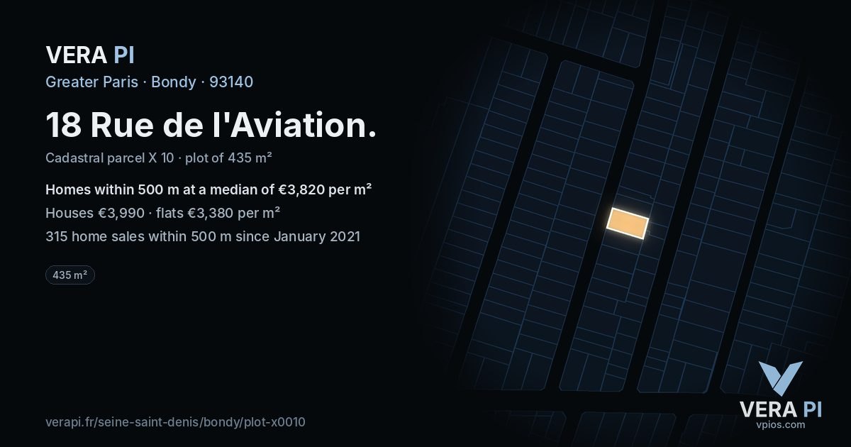 18 Rue de l'Aviation, Bondy at night – the plot lit, the parcels around coloured by the prices near them