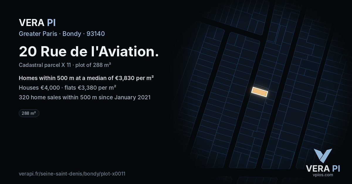 20 Rue de l'Aviation, Bondy at night – the plot lit, the parcels around coloured by the prices near them