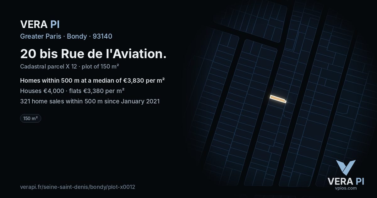 20 bis Rue de l'Aviation, Bondy at night – the plot lit, the parcels around coloured by the prices near them
