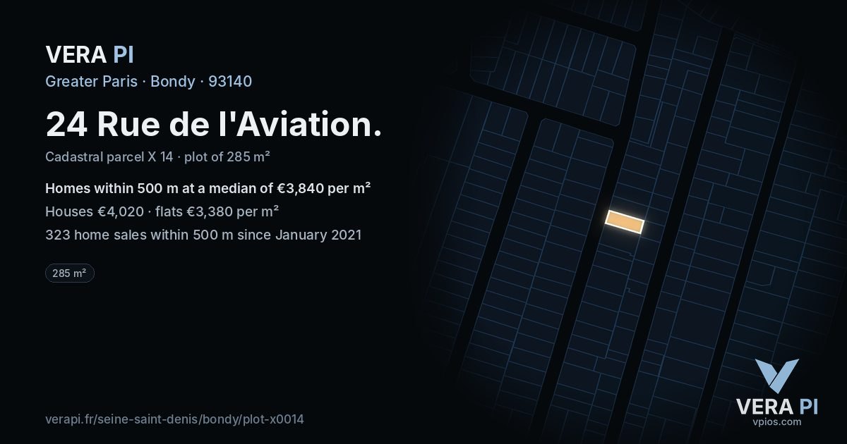 24 Rue de l'Aviation, Bondy at night – the plot lit, the parcels around coloured by the prices near them