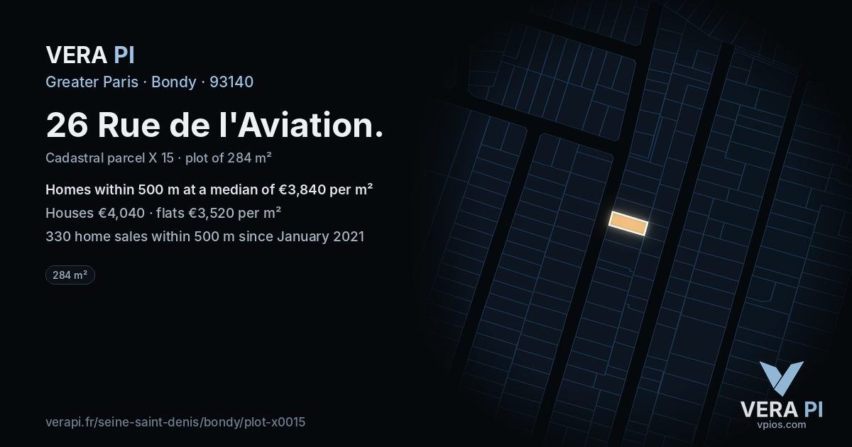 26 Rue de l'Aviation, Bondy at night – the plot lit, the parcels around coloured by the prices near them
