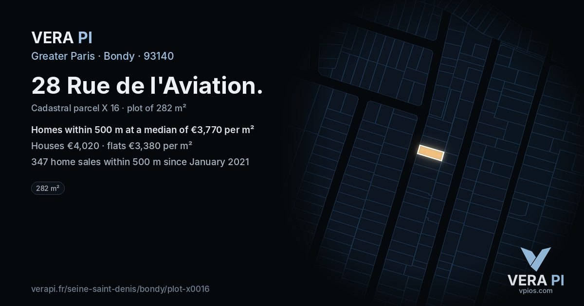28 Rue de l'Aviation, Bondy at night – the plot lit, the parcels around coloured by the prices near them