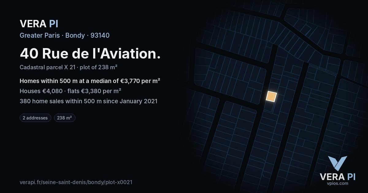 40 Rue de l'Aviation, Bondy at night – the plot lit, the parcels around coloured by the prices near them