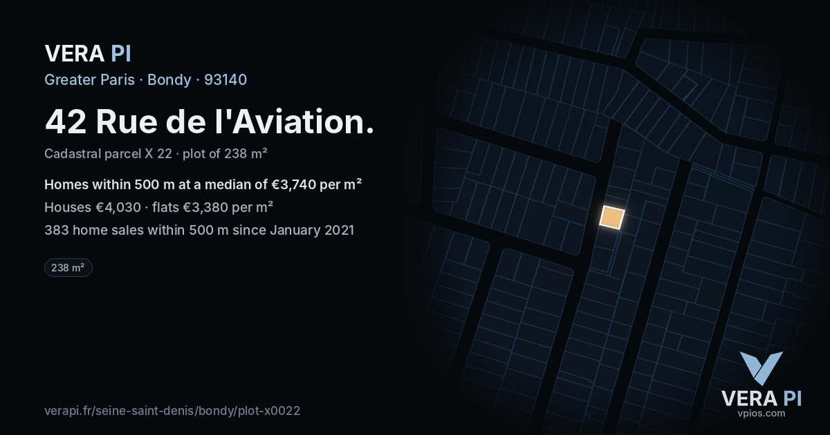 42 Rue de l'Aviation, Bondy at night – the plot lit, the parcels around coloured by the prices near them