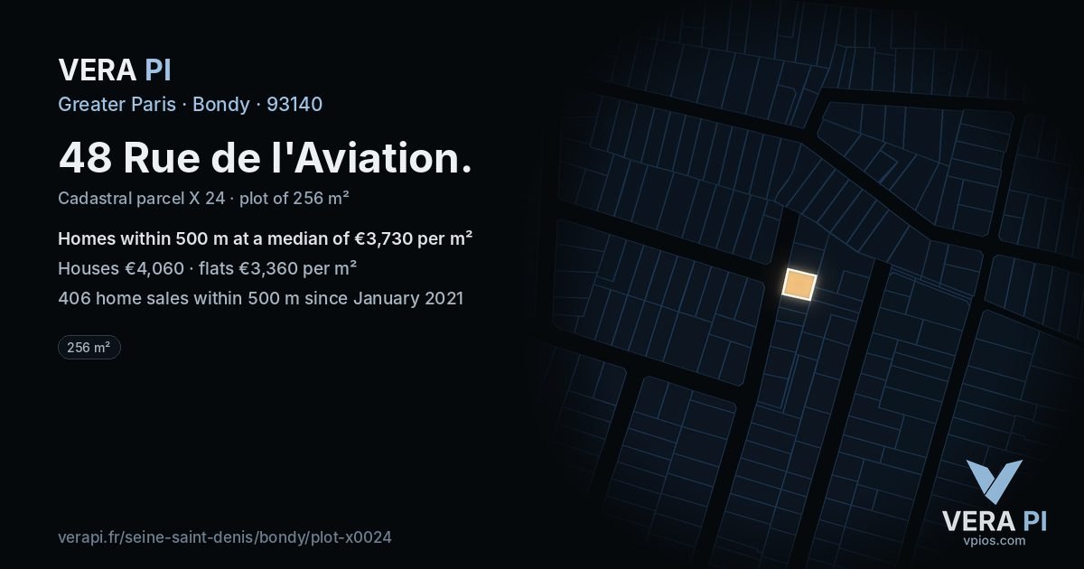 48 Rue de l'Aviation, Bondy at night – the plot lit, the parcels around coloured by the prices near them