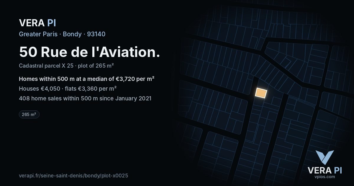50 Rue de l'Aviation, Bondy at night – the plot lit, the parcels around coloured by the prices near them
