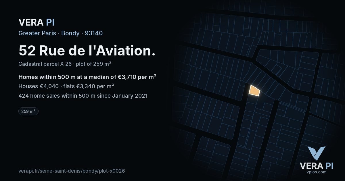 52 Rue de l'Aviation, Bondy at night – the plot lit, the parcels around coloured by the prices near them
