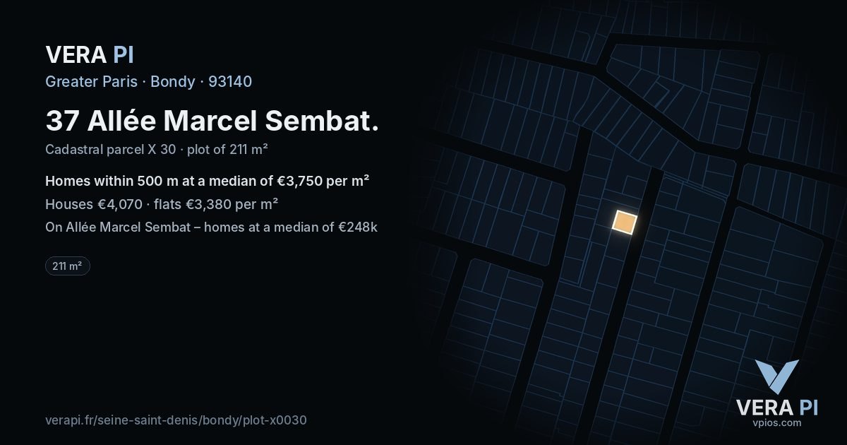 37 Allée Marcel Sembat, Bondy at night – the plot lit, the parcels around coloured by the prices near them