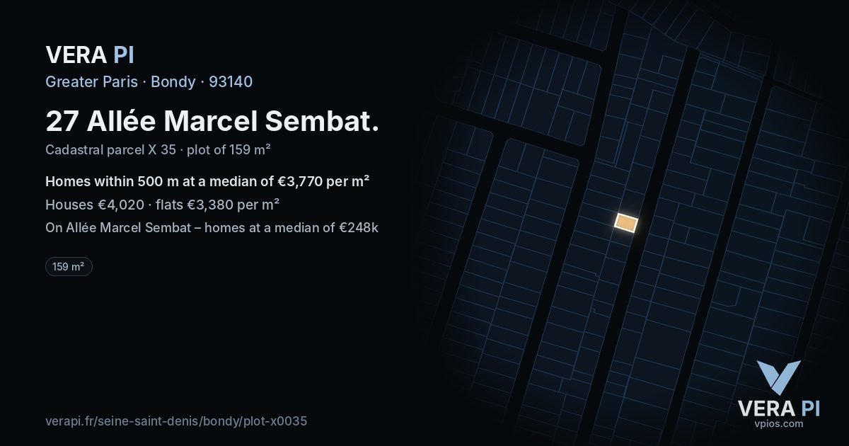 27 Allée Marcel Sembat, Bondy at night – the plot lit, the parcels around coloured by the prices near them