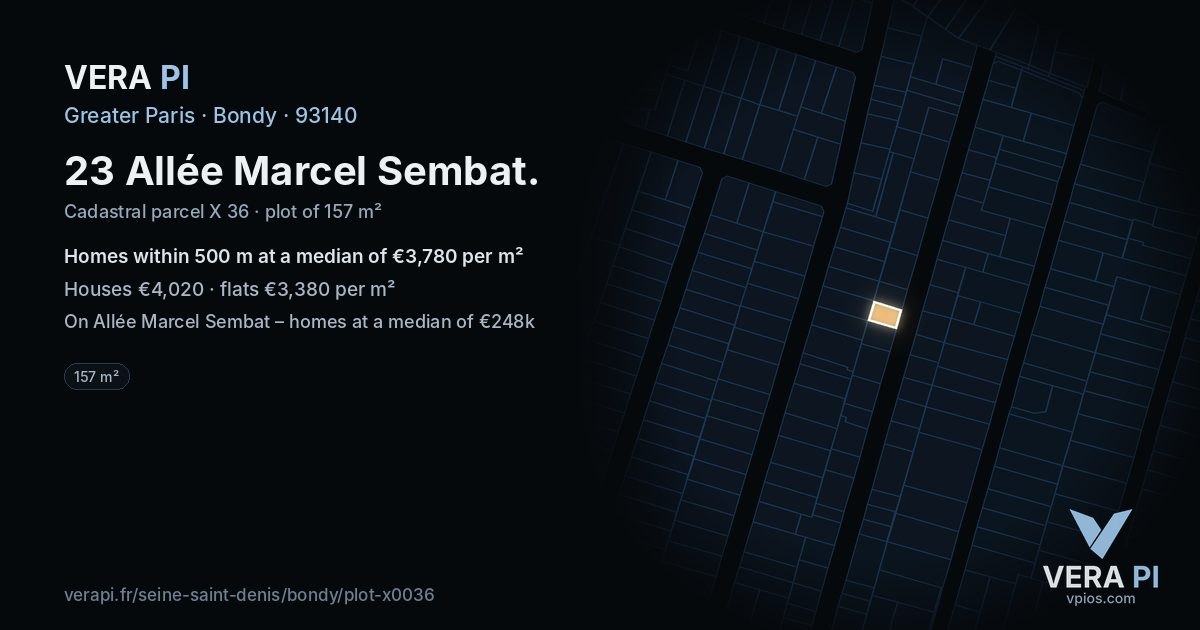 23 Allée Marcel Sembat, Bondy at night – the plot lit, the parcels around coloured by the prices near them
