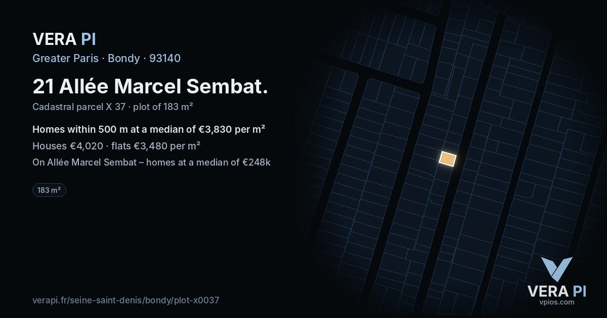 21 Allée Marcel Sembat, Bondy at night – the plot lit, the parcels around coloured by the prices near them