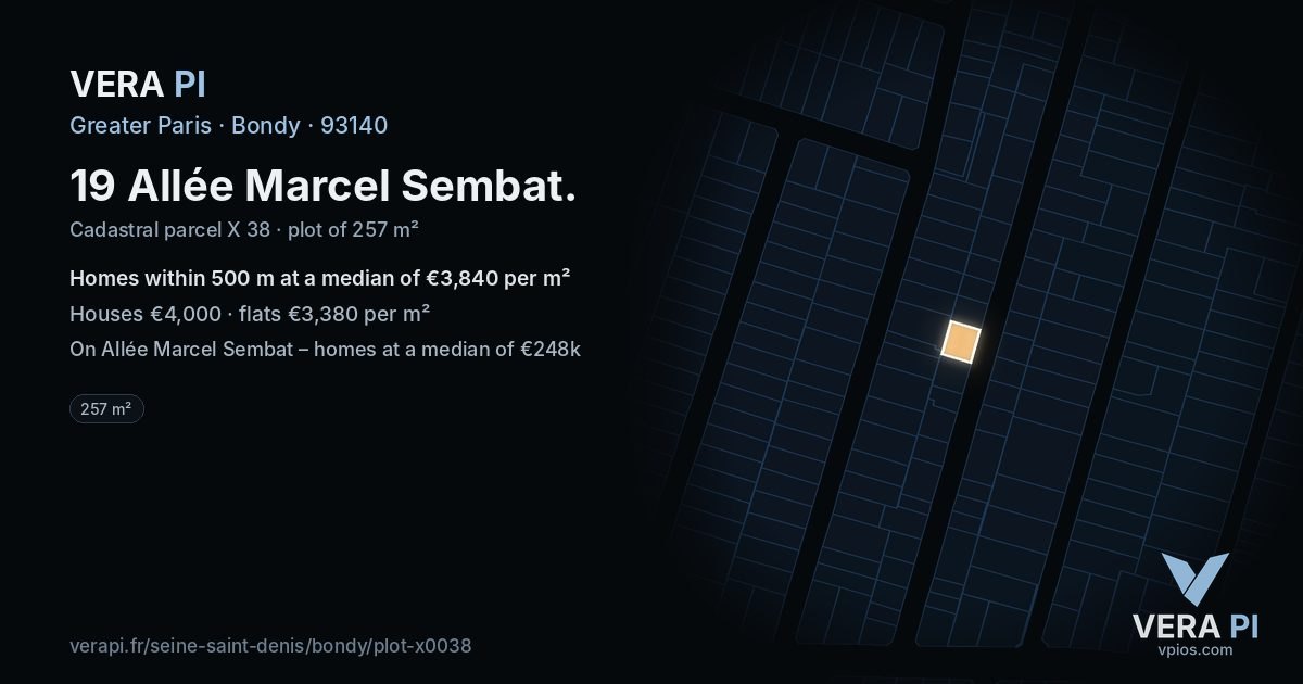 19 Allée Marcel Sembat, Bondy at night – the plot lit, the parcels around coloured by the prices near them