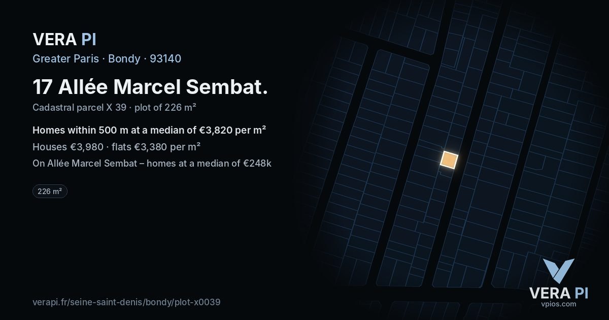 17 Allée Marcel Sembat, Bondy at night – the plot lit, the parcels around coloured by the prices near them