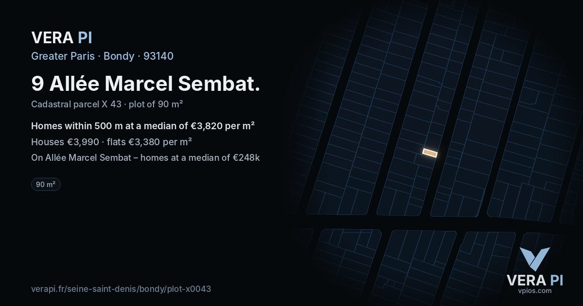 9 Allée Marcel Sembat, Bondy at night – the plot lit, the parcels around coloured by the prices near them