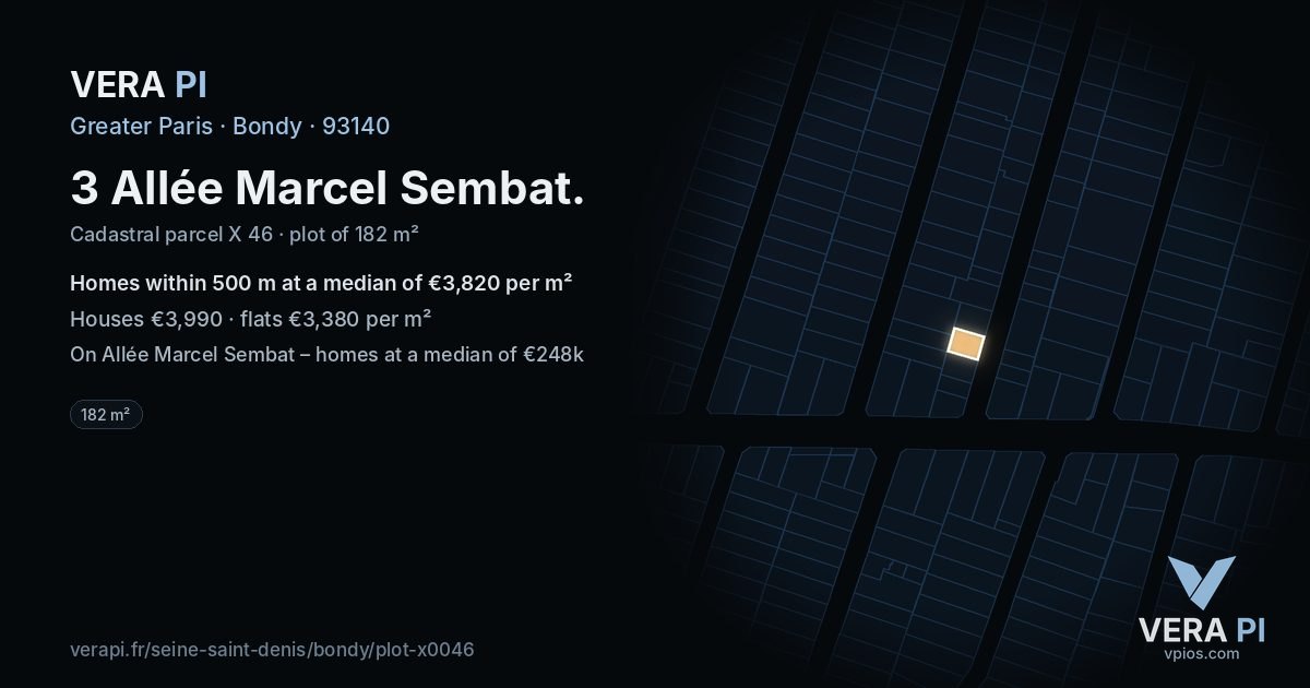 3 Allée Marcel Sembat, Bondy at night – the plot lit, the parcels around coloured by the prices near them
