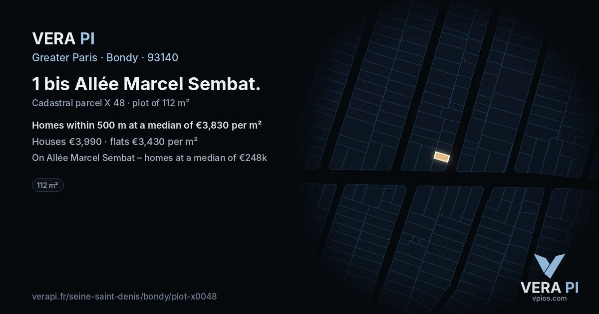 1 bis Allée Marcel Sembat, Bondy at night – the plot lit, the parcels around coloured by the prices near them