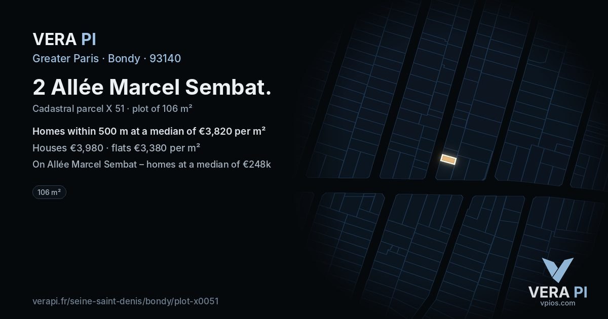 2 Allée Marcel Sembat, Bondy at night – the plot lit, the parcels around coloured by the prices near them