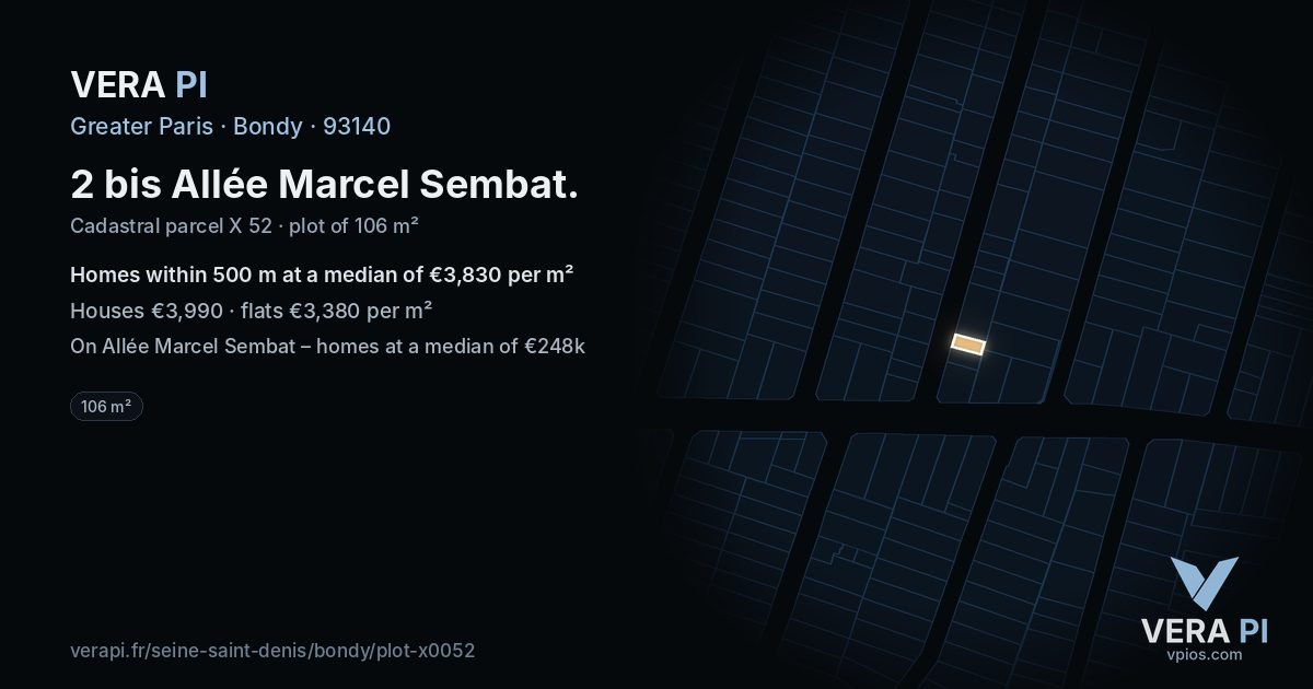 2 bis Allée Marcel Sembat, Bondy at night – the plot lit, the parcels around coloured by the prices near them
