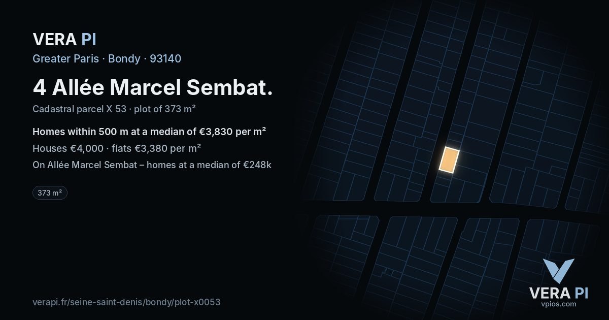 4 Allée Marcel Sembat, Bondy at night – the plot lit, the parcels around coloured by the prices near them