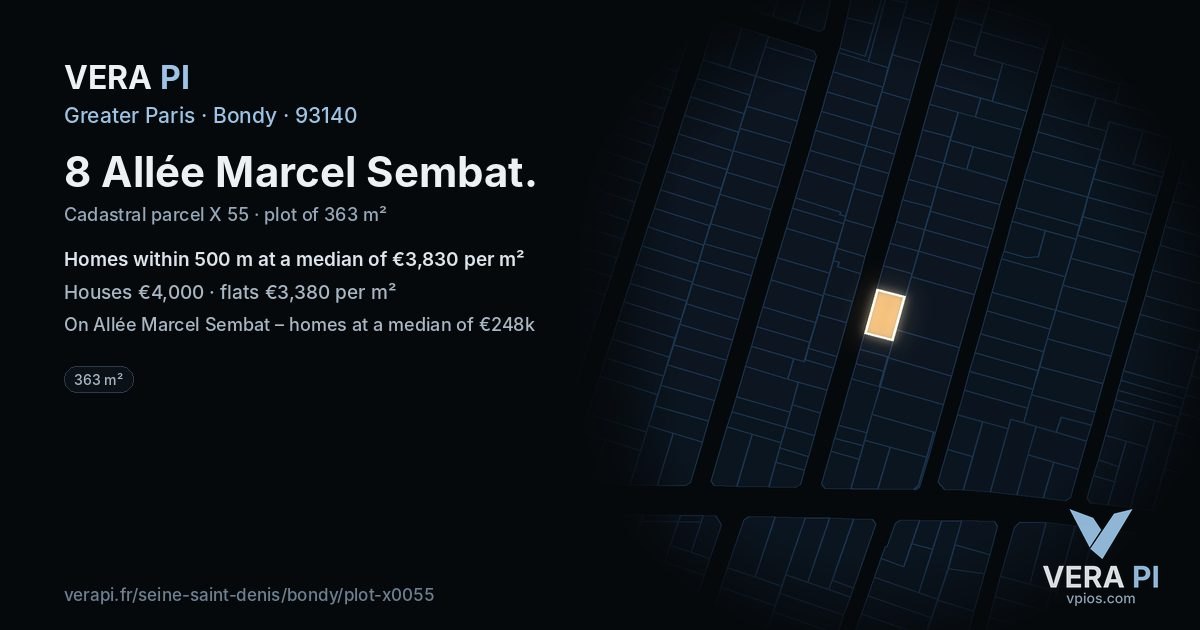 8 Allée Marcel Sembat, Bondy at night – the plot lit, the parcels around coloured by the prices near them