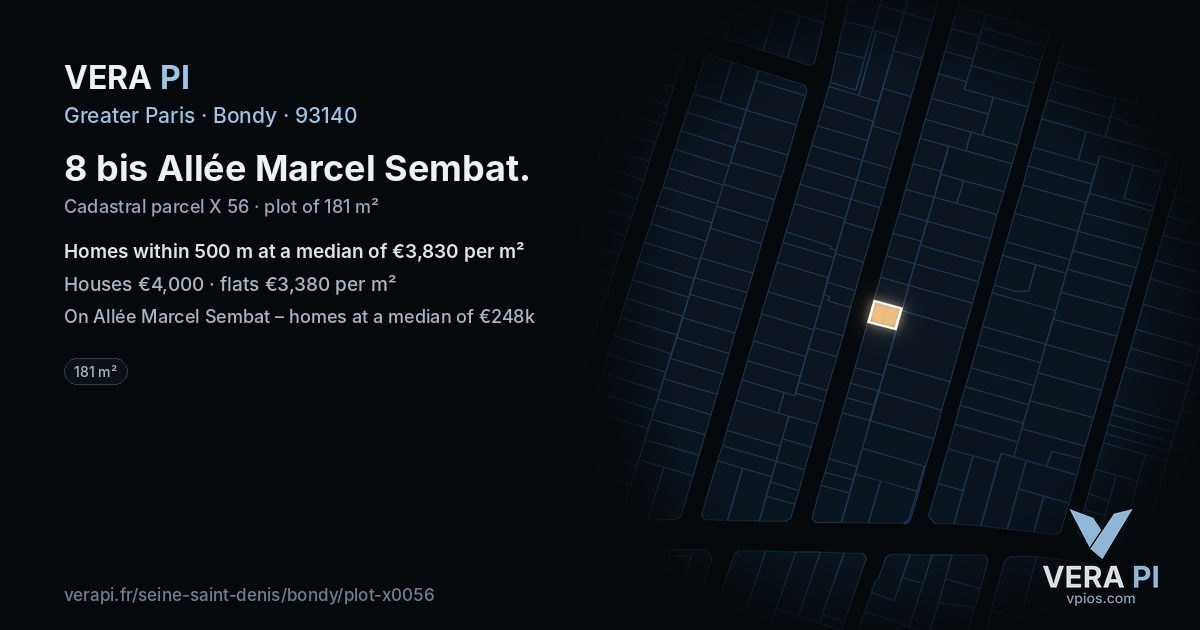 8 bis Allée Marcel Sembat, Bondy at night – the plot lit, the parcels around coloured by the prices near them