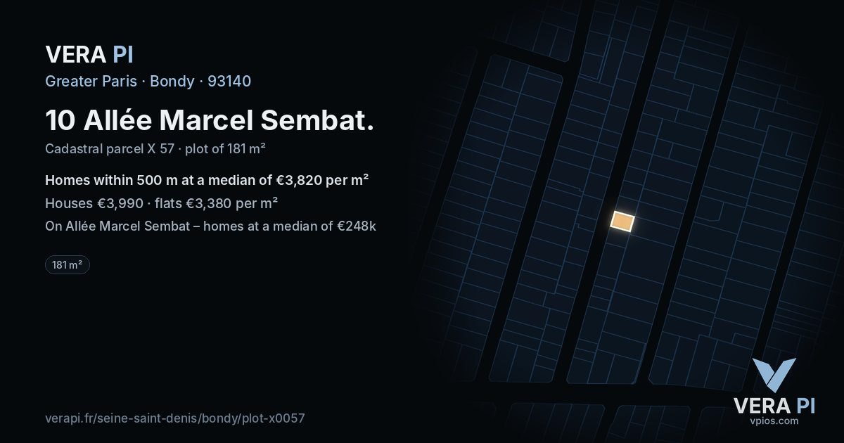 10 Allée Marcel Sembat, Bondy at night – the plot lit, the parcels around coloured by the prices near them