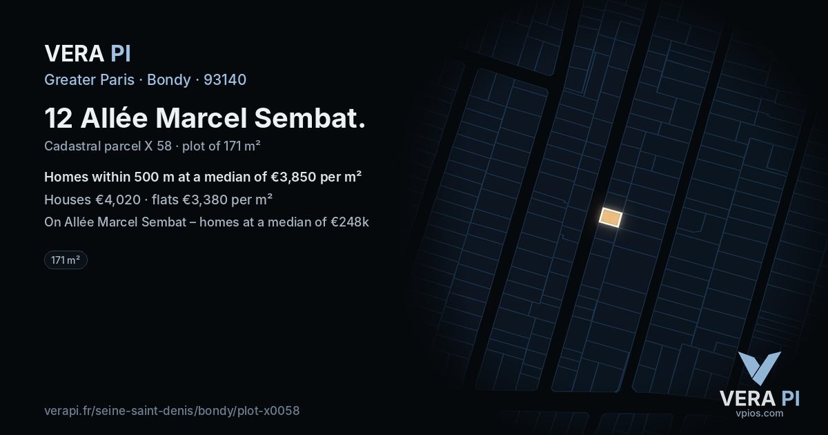 12 Allée Marcel Sembat, Bondy at night – the plot lit, the parcels around coloured by the prices near them